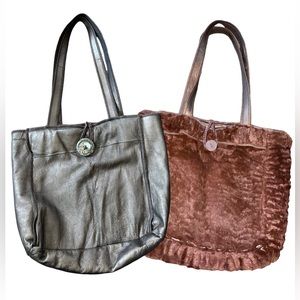 Vtg FENDI SAS Reversible Shoulder Tote Bag Metallic Leather & Brown Fur